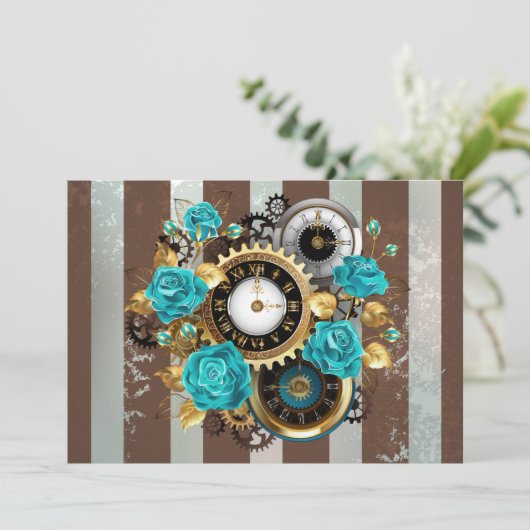 Steampunk Clock- en Turquoise-Rozen op gestreept Aankondiging (Staand voorkant)