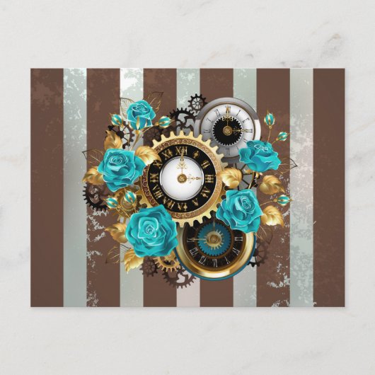 Steampunk Clock- en Turquoise-Rozen op gestreept Aankondigingskaart (Voorkant)