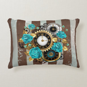 Steampunk Clock- en Turquoise-Rozen op gestreept Accent Kussen