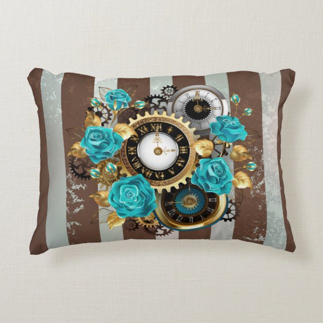 Steampunk Clock- en Turquoise-Rozen op gestreept Accent Kussen (Voorkant)