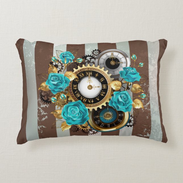 Steampunk Clock- en Turquoise-Rozen op gestreept Accent Kussen (Voorkant)