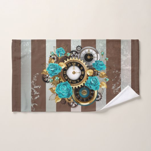 Steampunk Clock- en Turquoise-Rozen op gestreept Bad Handdoek (Handdoek)