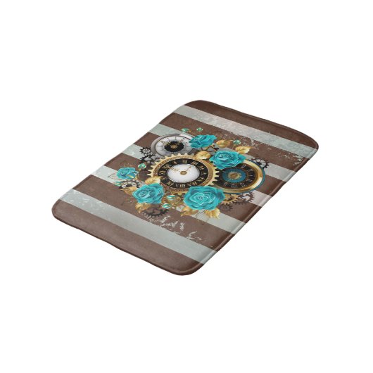 Steampunk Clock- en Turquoise-Rozen op gestreept Badmat (Gekanteld)