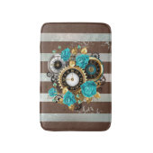 Steampunk Clock- en Turquoise-Rozen op gestreept Badmat (Voorkant Verticaal)