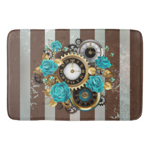 Steampunk Clock- en Turquoise-Rozen op gestreept Badmat