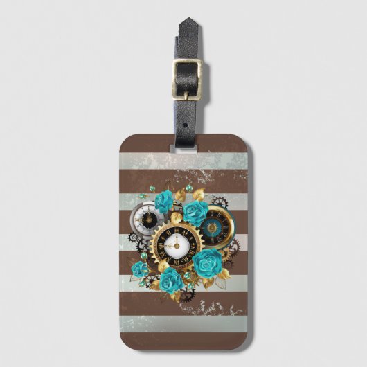 Steampunk Clock- en Turquoise-Rozen op gestreept Bagagelabel (Voorkant (verticaal))