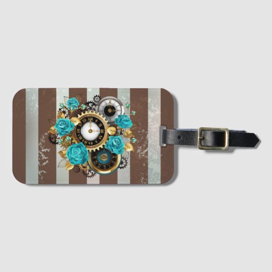 Steampunk Clock- en Turquoise-Rozen op gestreept Bagagelabel (Voorkant (horizontaal))