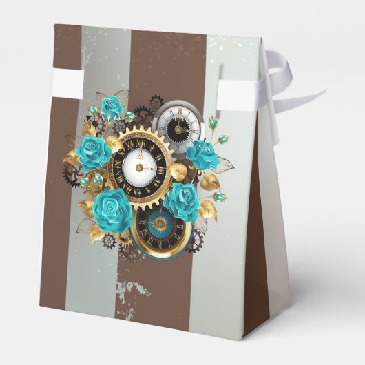 Steampunk Clock- en Turquoise-Rozen op gestreept Bedankdoosjes (Achterkant)