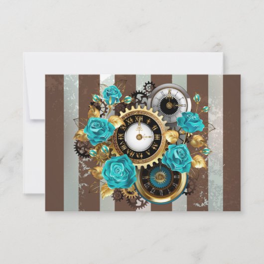 Steampunk Clock- en Turquoise-Rozen op gestreept Bedankkaart (Voorkant)