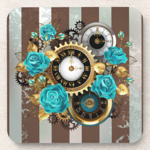 Steampunk Clock- en Turquoise-Rozen op gestreept Bier Onderzetter