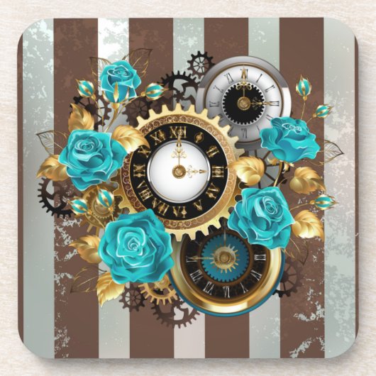 Steampunk Clock- en Turquoise-Rozen op gestreept Bier Onderzetter (Voorkant)