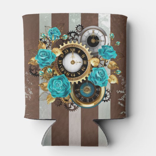 Steampunk Clock- en Turquoise-Rozen op gestreept Blikjeskoeler (Achterkant)