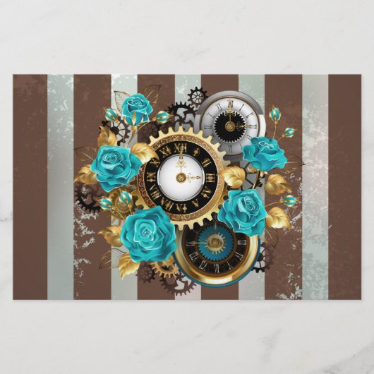 Steampunk Clock- en Turquoise-Rozen op gestreept Briefpapier (Voorkant)