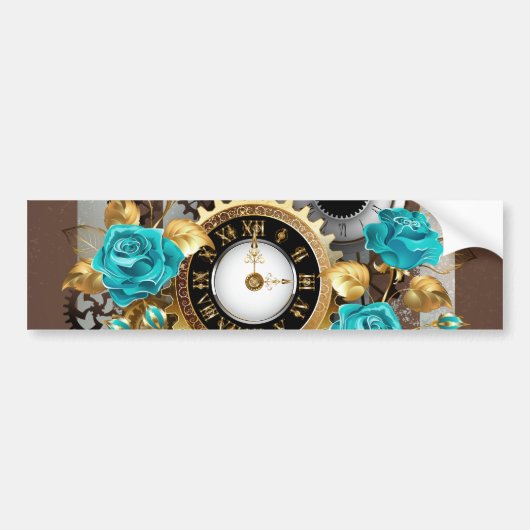 Steampunk Clock- en Turquoise-Rozen op gestreept Bumpersticker (Voorkant)
