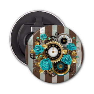 Steampunk Clock- en Turquoise-Rozen op gestreept Button Flesopener