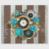 Steampunk Clock- en Turquoise-Rozen op gestreept Cadeaupapier (Vlak)