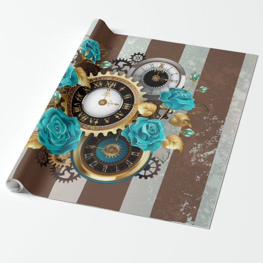 Steampunk Clock- en Turquoise-Rozen op gestreept Cadeaupapier (Uitgerold)