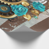 Steampunk Clock- en Turquoise-Rozen op gestreept Cadeaupapier (Hoek)