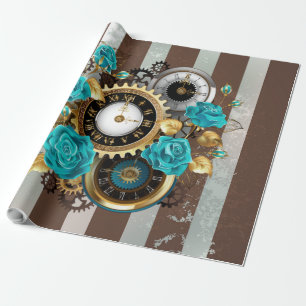 Steampunk Clock- en Turquoise-Rozen op gestreept Cadeaupapier