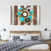 Steampunk Clock- en Turquoise-Rozen op gestreept Canvas Afdruk (Insitu (Slaapkamer))