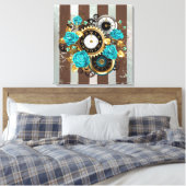 Steampunk Clock- en Turquoise-Rozen op gestreept Canvas Afdruk (Insitu (Slaapkamer))