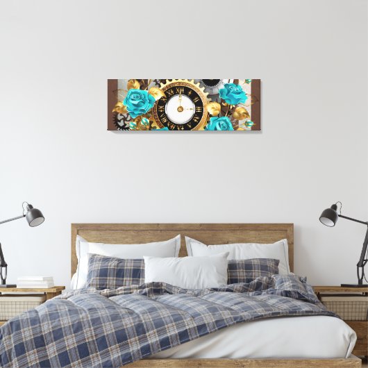 Steampunk Clock- en Turquoise-Rozen op gestreept Canvas Afdruk (Insitu (Slaapkamer))