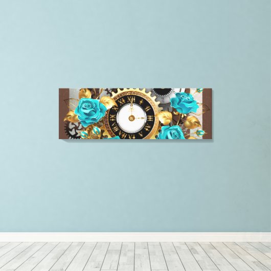 Steampunk Clock- en Turquoise-Rozen op gestreept Canvas Afdruk (Insitu (Houten vloer))