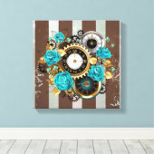 Steampunk Clock- en Turquoise-Rozen op gestreept Canvas Afdruk (Insitu (Houten vloer))