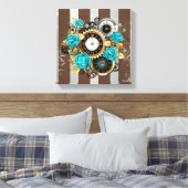 Steampunk Clock- en Turquoise-Rozen op gestreept Canvas Afdruk (Insitu (Slaapkamer))