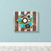 Steampunk Clock- en Turquoise-Rozen op gestreept Canvas Afdruk (Insitu (Houten vloer))