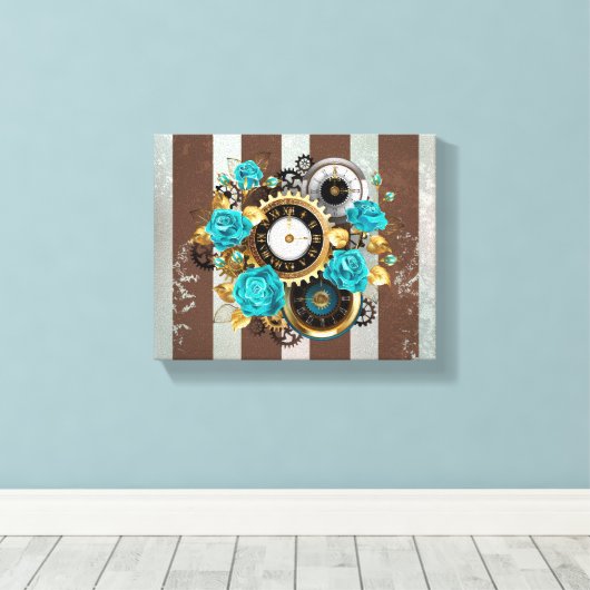 Steampunk Clock- en Turquoise-Rozen op gestreept Canvas Afdruk (Insitu (Houten vloer))
