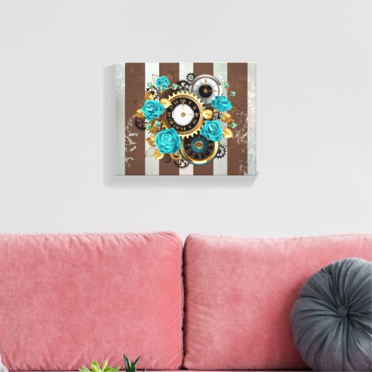 Steampunk Clock- en Turquoise-Rozen op gestreept Canvas Afdruk (Insitu (Woonkamer))