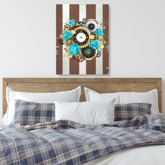 Steampunk Clock- en Turquoise-Rozen op gestreept Canvas Afdruk (Insitu (Slaapkamer))