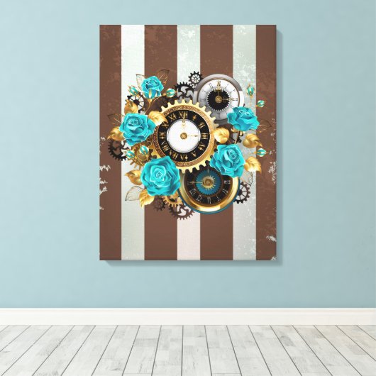 Steampunk Clock- en Turquoise-Rozen op gestreept Canvas Afdruk (Insitu (Houten vloer))