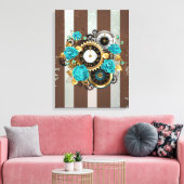 Steampunk Clock- en Turquoise-Rozen op gestreept Canvas Afdruk (Insitu (Woonkamer))