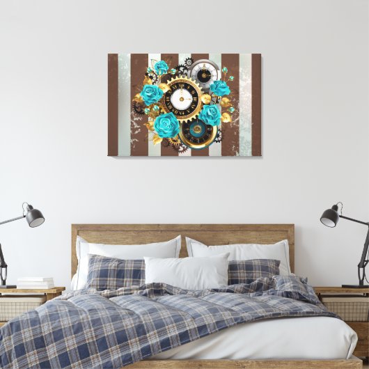 Steampunk Clock- en Turquoise-Rozen op gestreept Canvas Afdruk (Insitu (Slaapkamer))