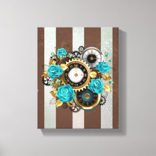 Steampunk Clock- en Turquoise-Rozen op gestreept Canvas Afdruk