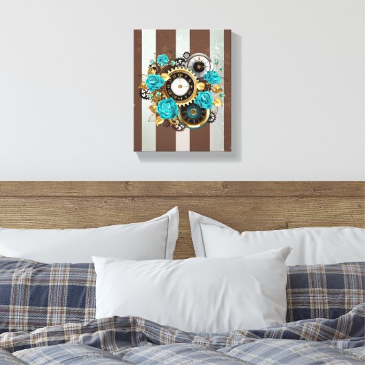 Steampunk Clock- en Turquoise-Rozen op gestreept Canvas Afdruk (Insitu (Slaapkamer))