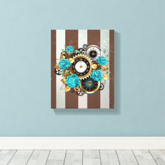 Steampunk Clock- en Turquoise-Rozen op gestreept Canvas Afdruk (Insitu (Houten vloer))