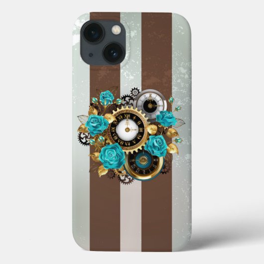 Steampunk Clock- en Turquoise-Rozen op gestreept Case-Mate iPhone Case (Achterkant)