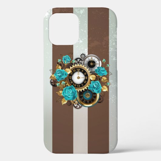 Steampunk Clock- en Turquoise-Rozen op gestreept Case-Mate iPhone Case (Achterkant)
