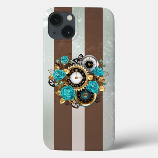 Steampunk Clock- en Turquoise-Rozen op gestreept Case-Mate iPhone Case (Achterkant)