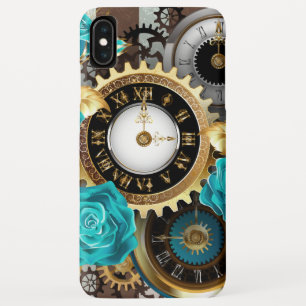 Steampunk Clock- en Turquoise-Rozen op gestreept iPhone XS Max Hoesje