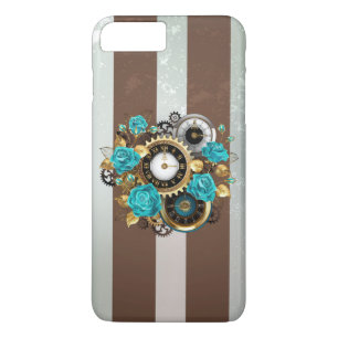 Steampunk Clock- en Turquoise-Rozen op gestreept iPhone 8 Plus / 7 Plus Hoesje