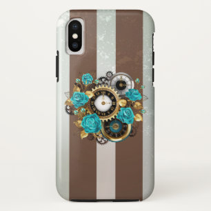 Steampunk Clock- en Turquoise-Rozen op gestreept iPhone XS Hoesje