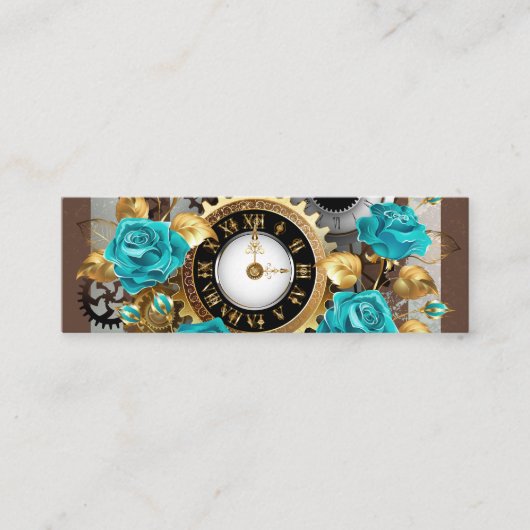 Steampunk Clock- en Turquoise-Rozen op gestreept Contactkaartje (Voorkant)