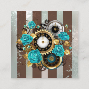 Steampunk Clock- en Turquoise-Rozen op gestreept Contactkaartje