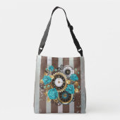 Steampunk Clock- en Turquoise-Rozen op gestreept Crossbody Tas (Achterkant)