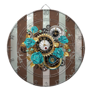 Steampunk Clock- en Turquoise-Rozen op gestreept Dartbord