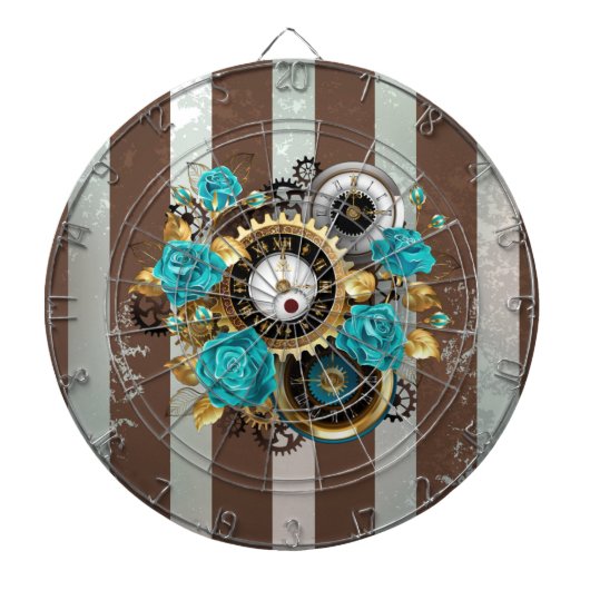 Steampunk Clock- en Turquoise-Rozen op gestreept Dartbord (Voorkant)